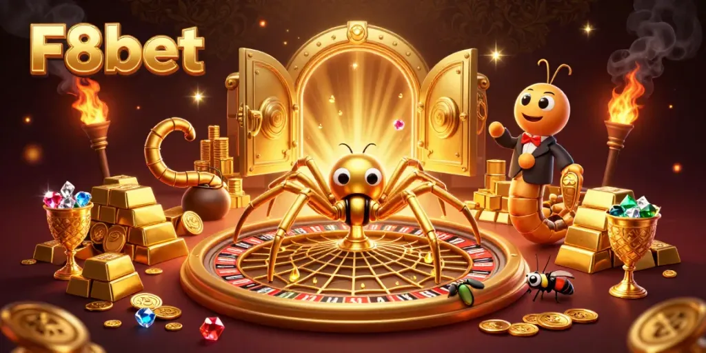 Experience the thrill of F8bet with a golden spider and croupier in an ultra-detailed casino scene.