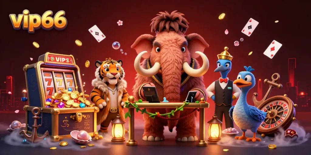 Experience the thrilling VIP66 casino with a vibrant scene featuring iconic characters.