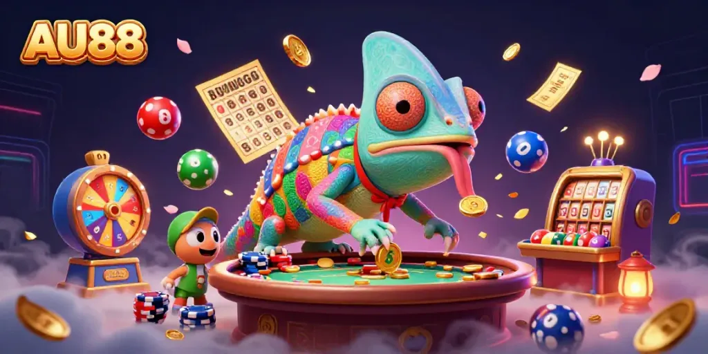 Experience excitement at AU88 with a lively chameleon casino owner snapping up golden coins amid dynamic gaming action.