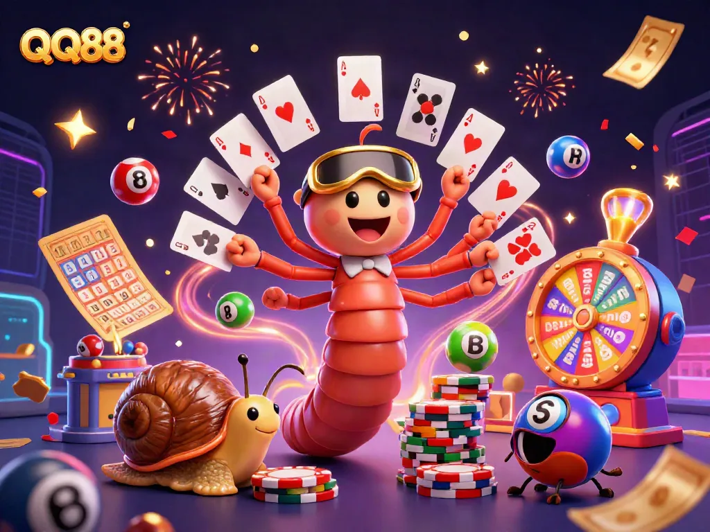 Engage with QQ88's exciting gameplay featuring vibrant characters and dynamic casino elements.