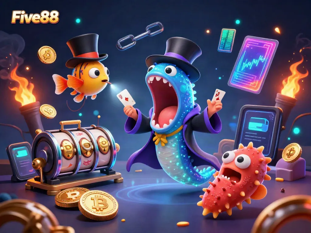 Five88 creates a dazzling gaming experience with vibrant casino characters showcasing card tricks.