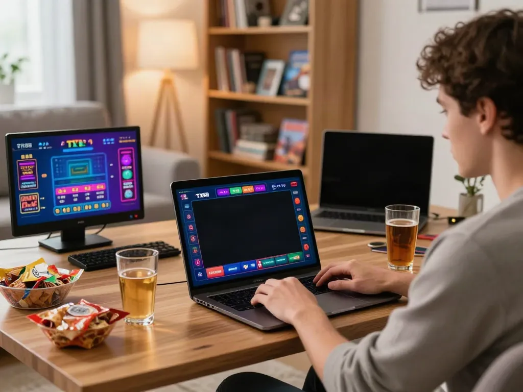 Player enjoying online gaming experience at https://tx88.br.com/ in a cozy living room setting.