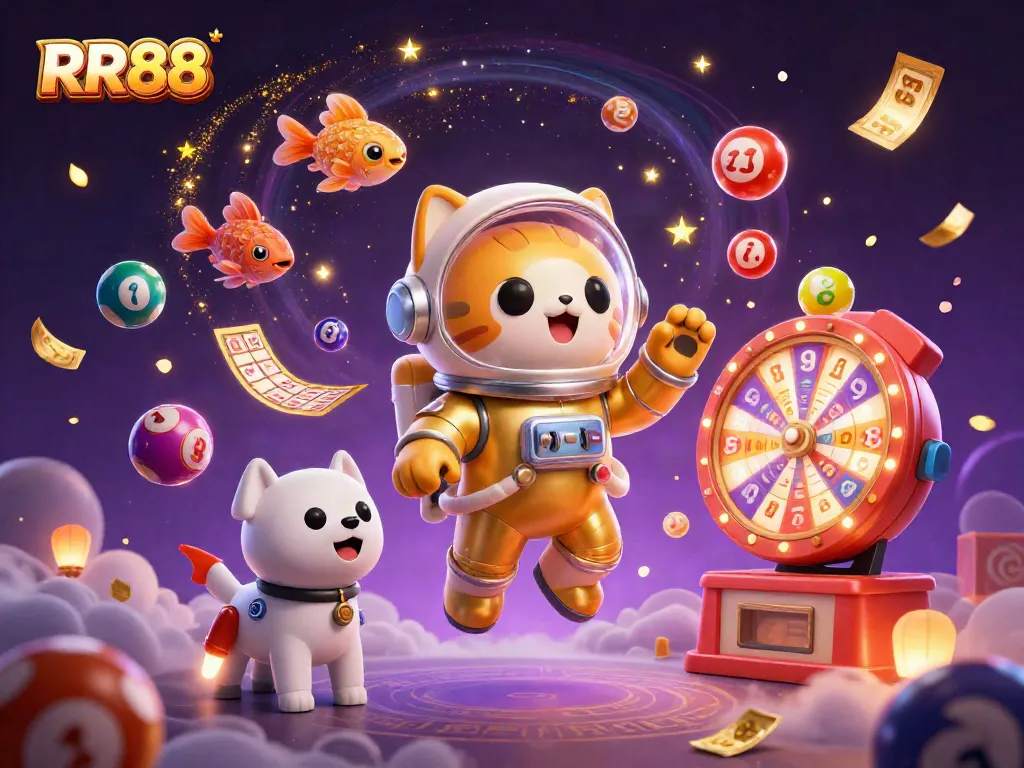 Experience RR88's vibrant gambling universe with dynamic games and exciting prizes illustrated creatively.