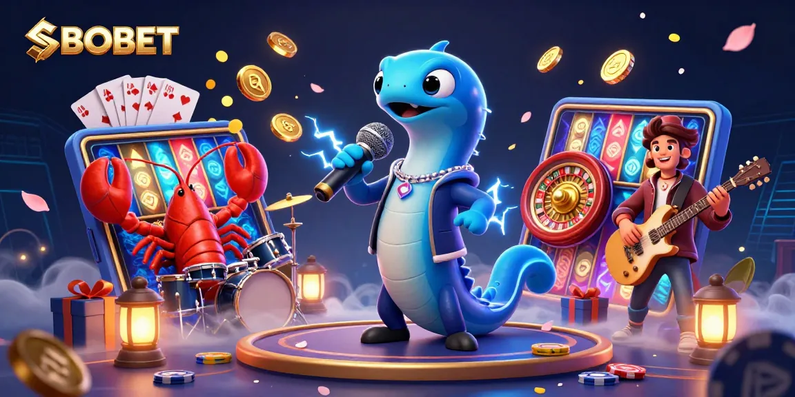 SBOBET showcases an electric eel DJ performing in an underwater casino, surrounded by vibrant game elements.