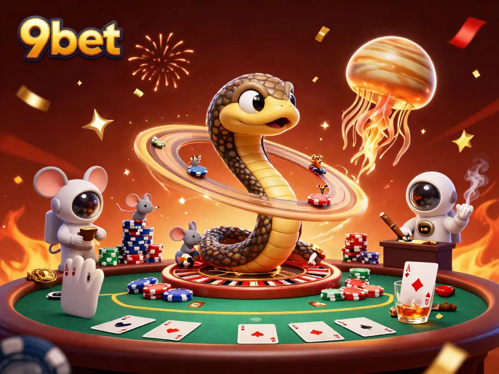 Experience thrilling action at 9bet with a vibrant casino scene featuring playful astronauts and a cosmic dealer.