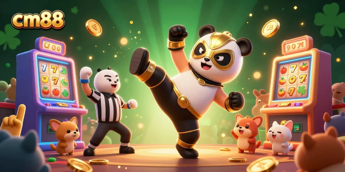 cm88 showcases dynamic casino action with a panda wrestler and animal fans amidst vibrant slot machines.