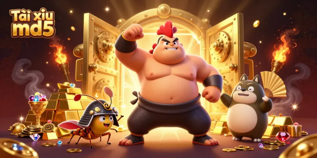 Experience the excitement of Tài xỉu md5 in this vibrant illustration with characters and treasure.