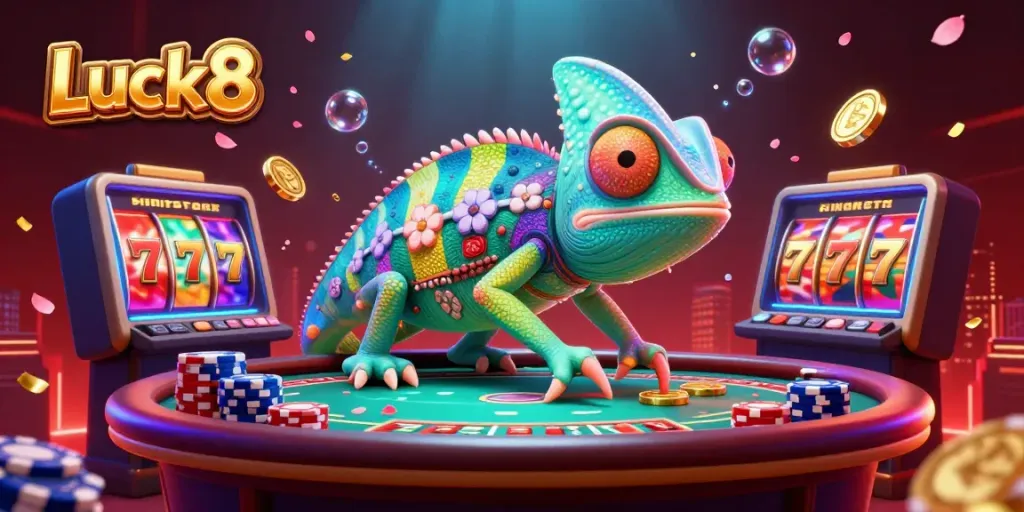 Luck8 chameleon casino owner captures golden coins while overseeing a vibrant casino scene.