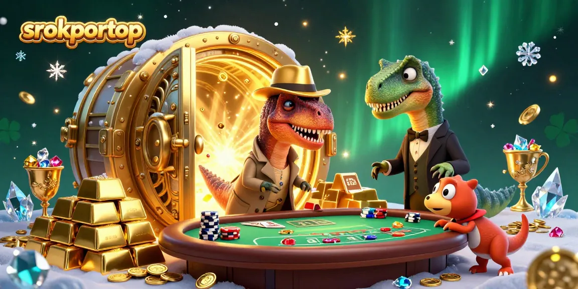 Srokportop showcases a clever velociraptor card counter at a busy blackjack table amid sparkling treasures.