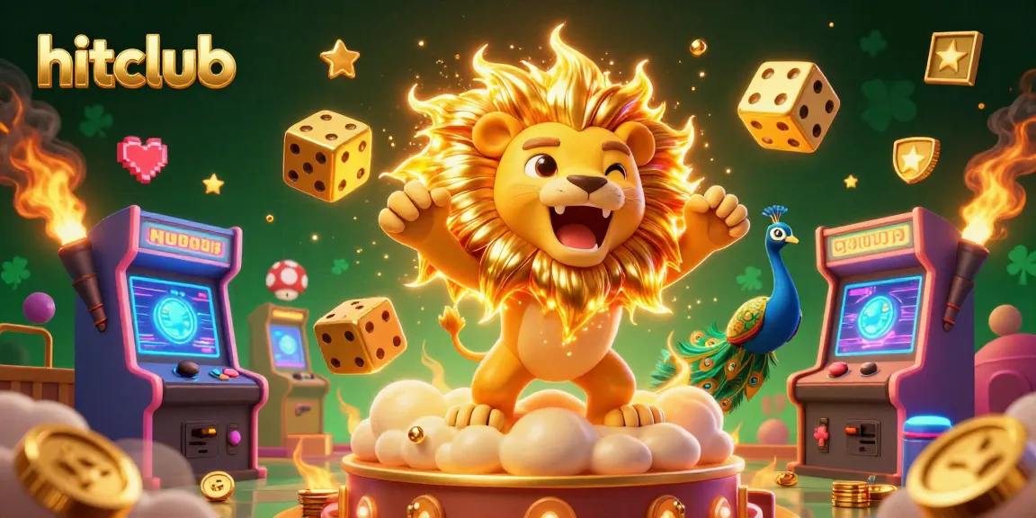 Experience the excitement of hitclub as the roaring lion dominates amidst casino-themed elements with vibrant game icons.