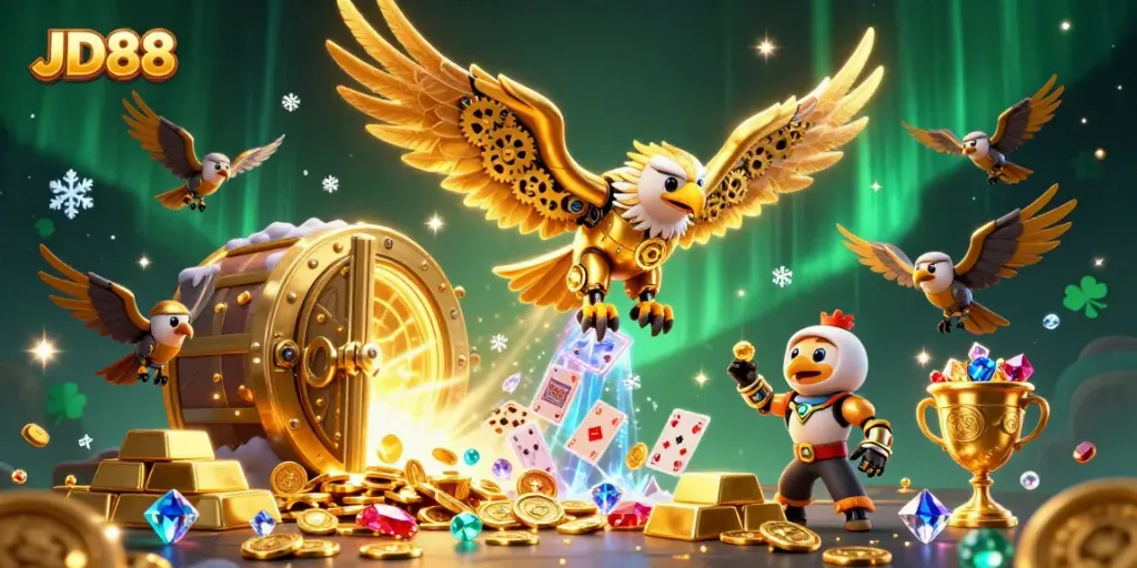 Experience the excitement of JD88 casino with a golden eagle and holographic cards in a 3D vibrant illustration.