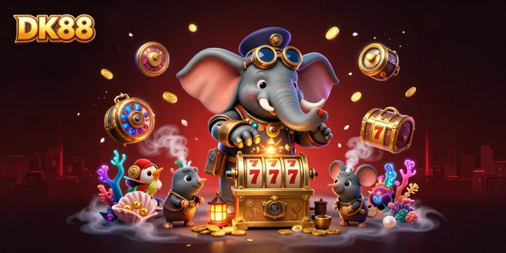 Experience exciting gaming at DK88 with a steampunk elephant at the slot machine in a vibrant casino scene.