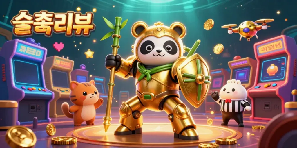 Experience immersive gameplay with 슬롯리뷰 featuring a golden panda in a mech-suit amidst vibrant casino elements.