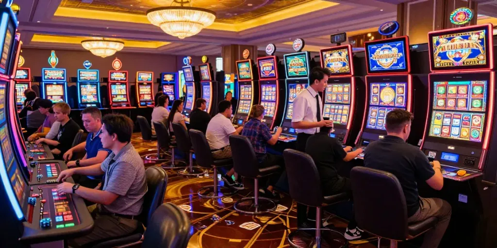 Exciting casino scene showcasing players at Vegas88, vibrant slot machines, and a professional dealer.