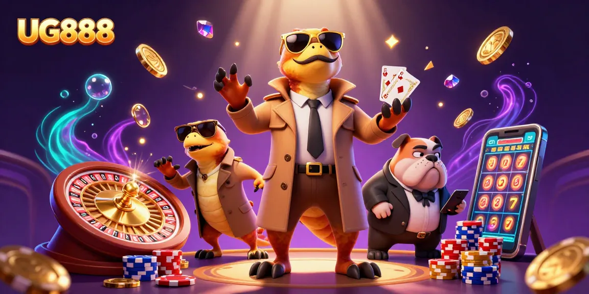 Experience the thrill of UG888 with raptors and a bulldog in a lively casino scene.