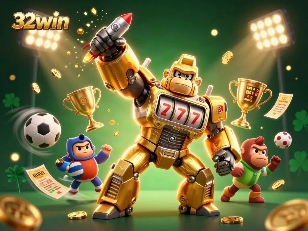 Engage in thrilling action at 32win with a golden gorilla mech and dynamic sports elements.