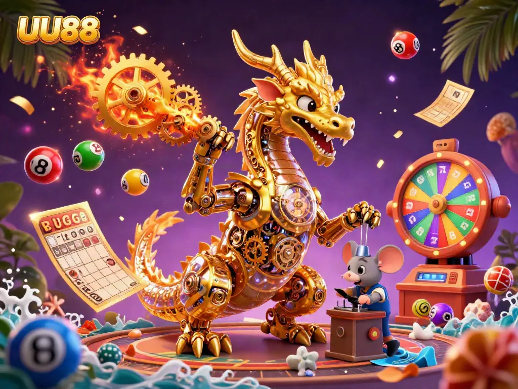 Experience the thrill of gambling at UU88 with a vibrant scene featuring a golden dragon amidst dynamic casino elements.