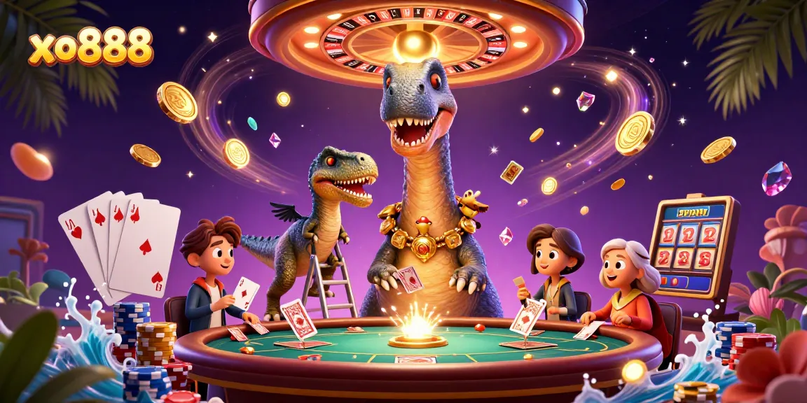 Experience the thrill of xo888 with a vibrant 3D casino scene featuring a brontosaurus and raptor.