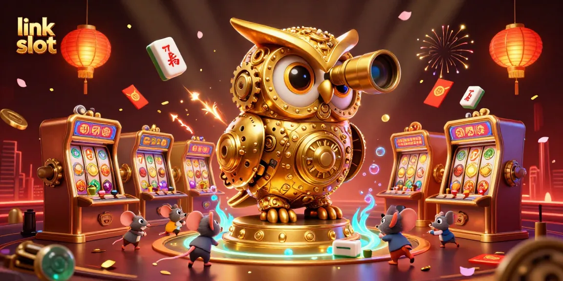 Link slot menampilkan burung hantu emas mekanis di kasino dengan mesin slot penuh warna dan elemen unik lainnya.