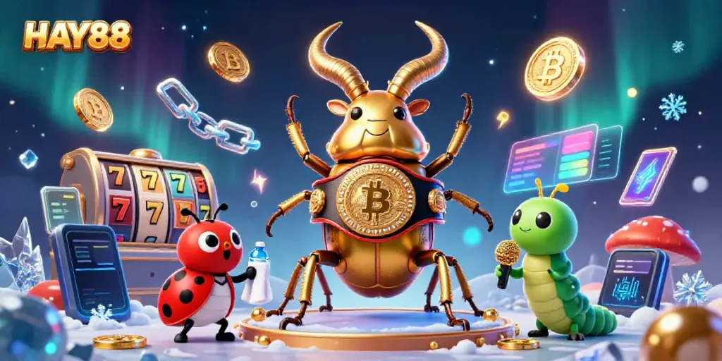 Dive into the excitement of HAY88 with a colorful, lively 3D casino scene featuring a giant stag beetle champion surrounded by gaming elements.