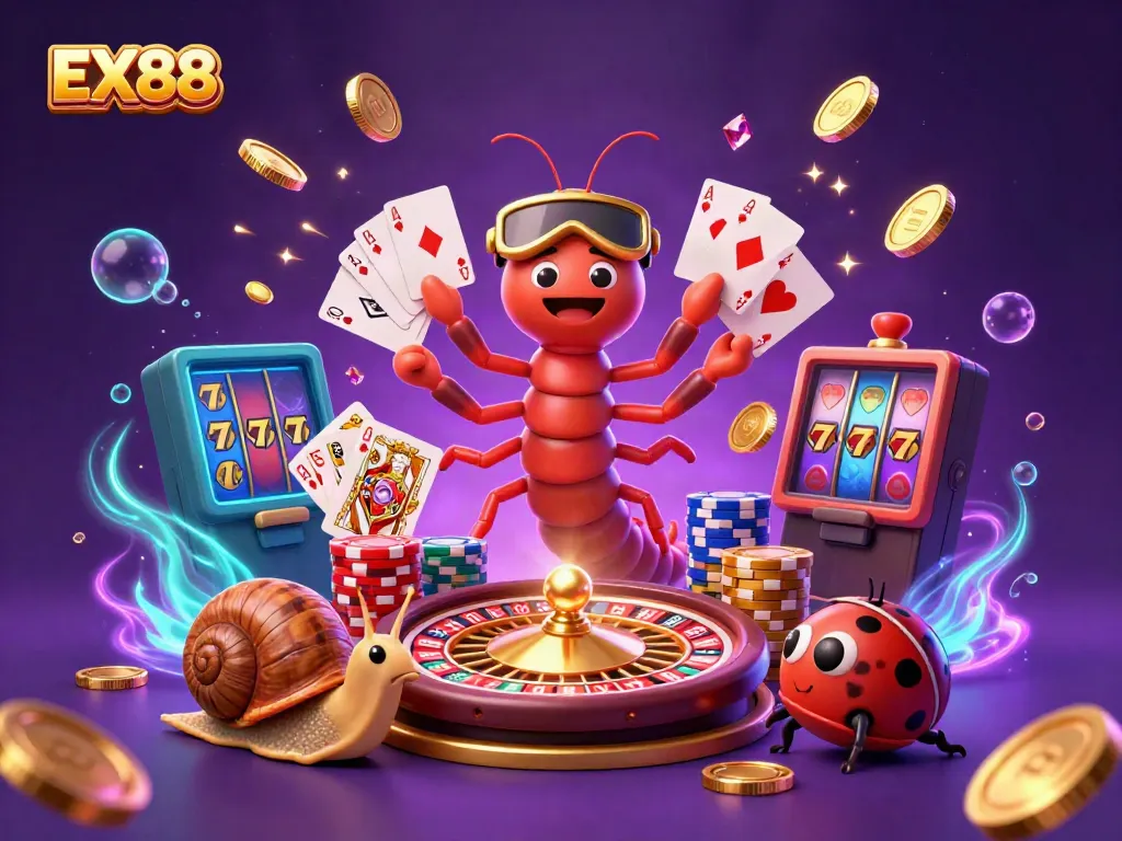 Experience the thrilling energy of EX88 as colorful chips and coins cascade around a lively casino scene.
