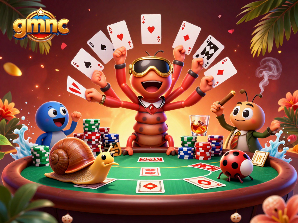 Experience the excitement of gmnc casino with vibrant characters at a poker table.
