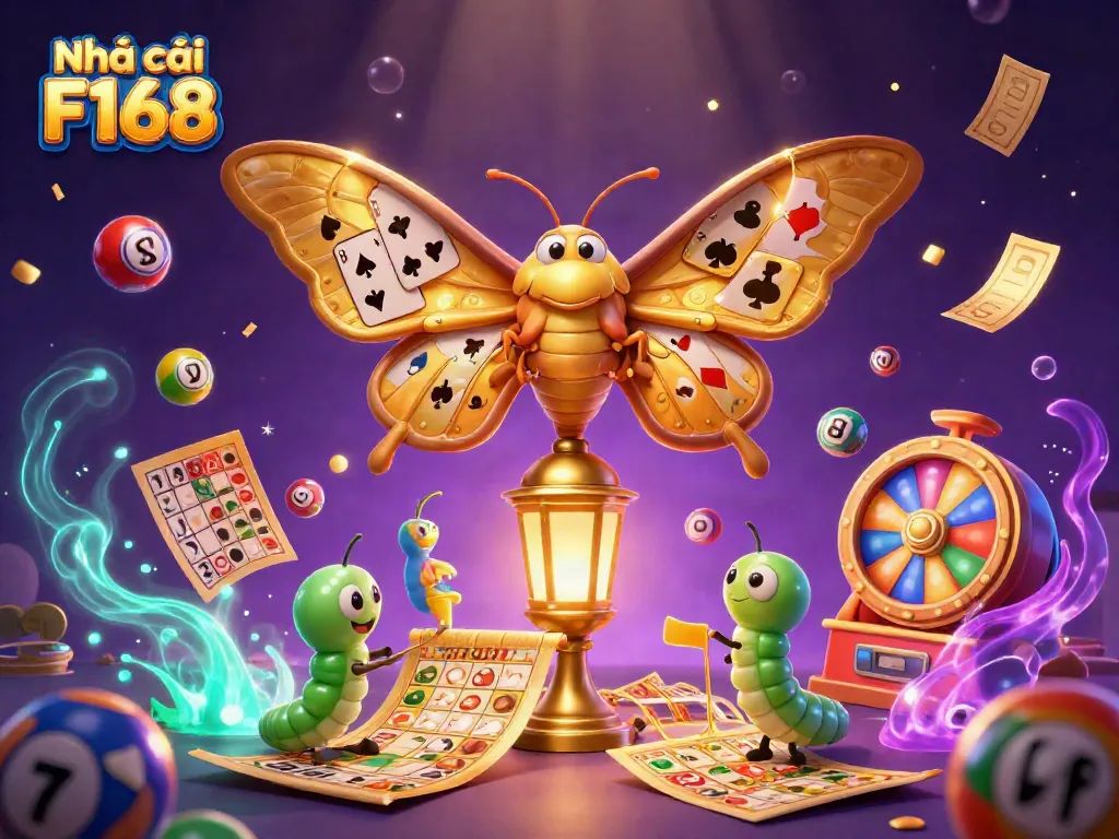 Experience thrilling excitement at Nhà cái F168 with vibrant lottery elements, casino scenes, and a captivating moth.
