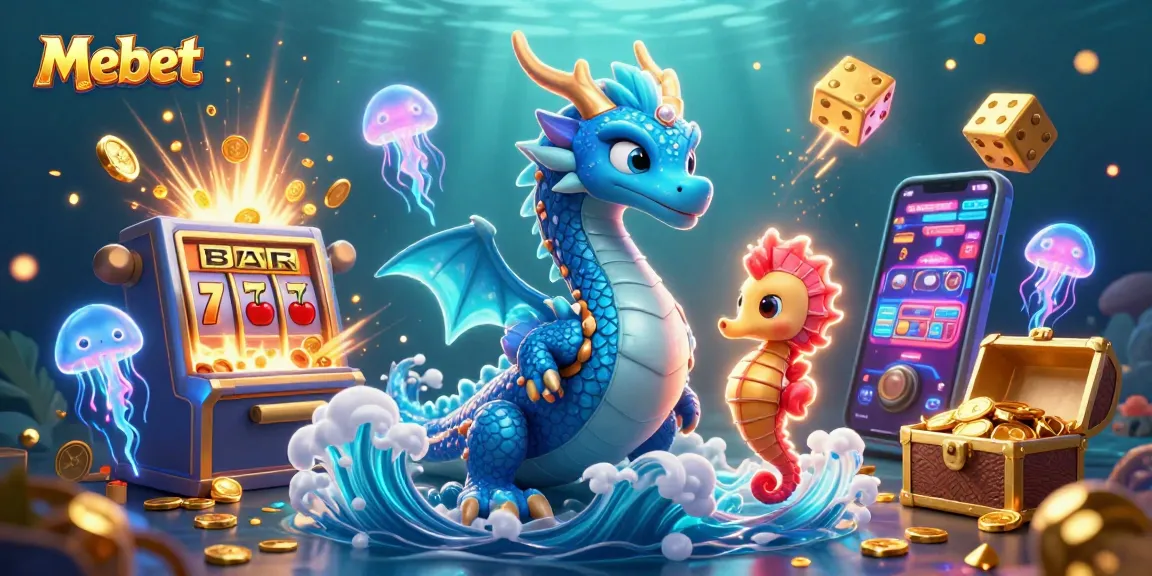 Engage with Mebet's vibrant casino adventure featuring a water dragon amidst slot machines and treasure.