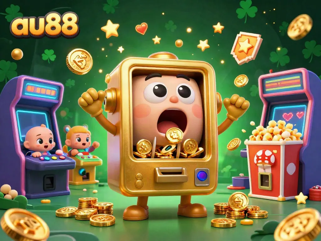 Enjoy a thrilling scene at au88 as a golden slot machine hits the jackpot, surrounded by cheering machines.