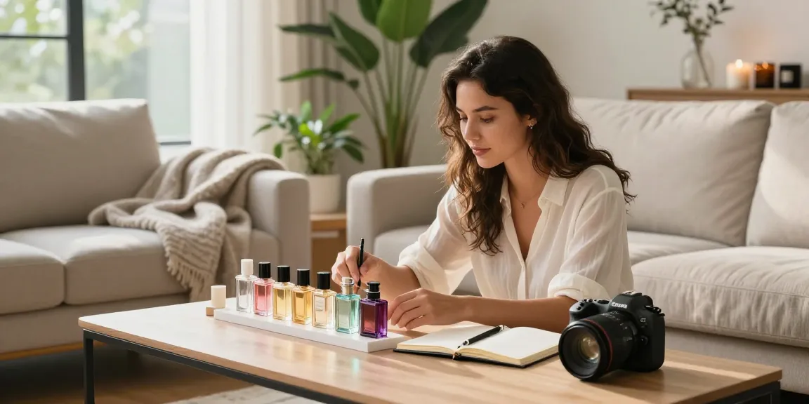 Engaging perfume buying guide scene, showcasing a woman exploring fragrance samples in a cozy home setting.