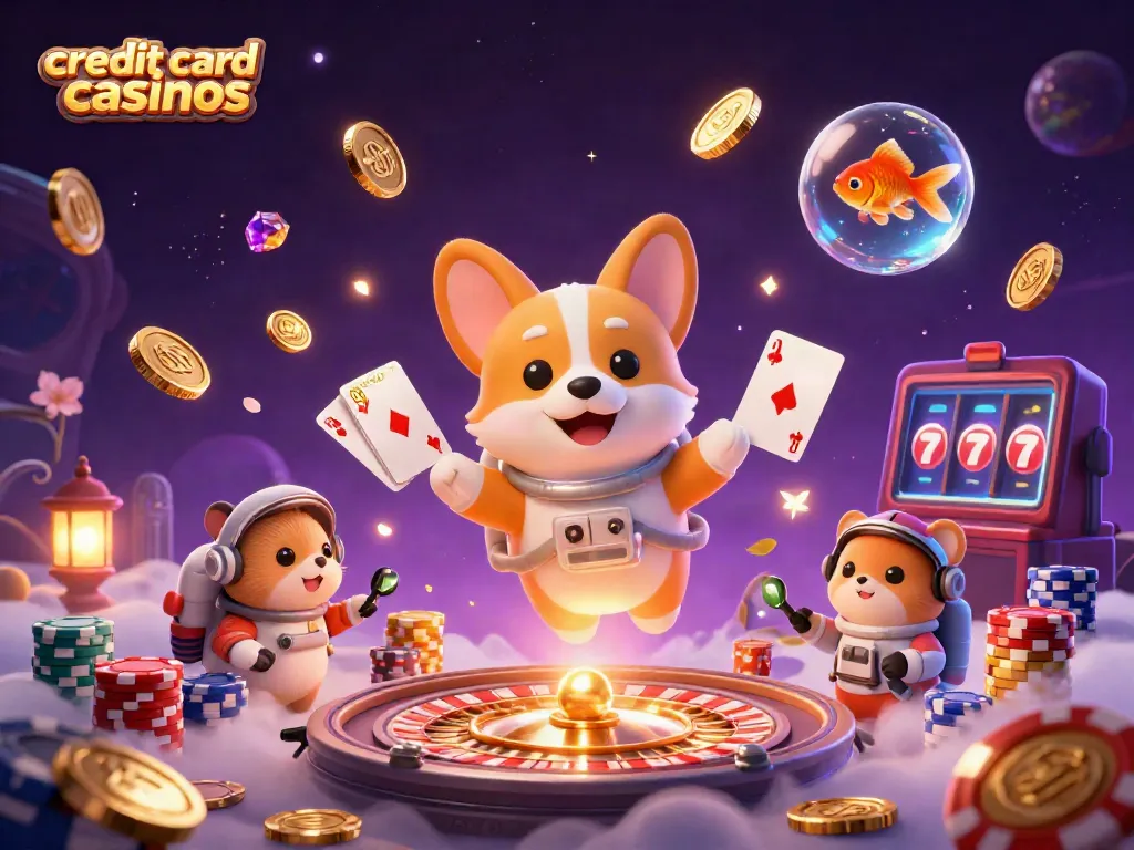 Engage thrilling gaming at credit card casinos with a playful corgi astronaut among floating coins and supernatural visuals.