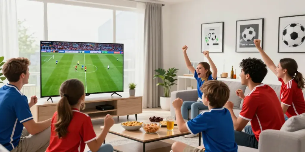 Excited fans enjoying a live football match through Gavangtv in a cozy living room setting.