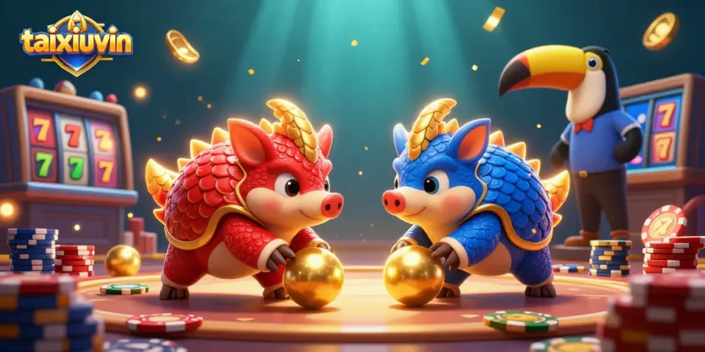 taixiuvin showcases a vibrant 3D illustration of rival pangolins bowling through poker chips in a casino.