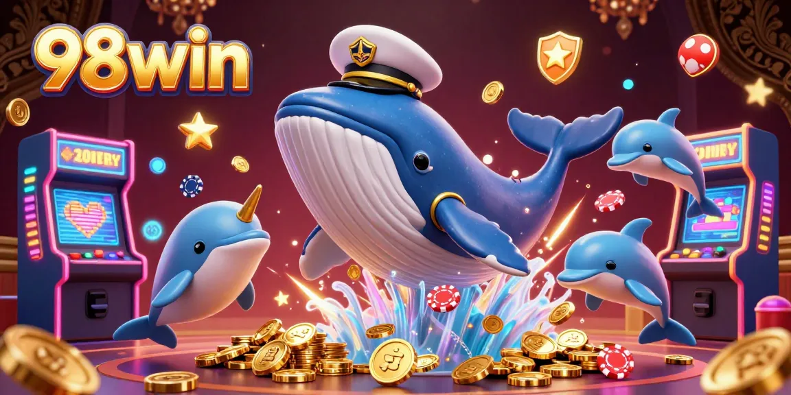 Experience the vibrant gambling scene at 98win with a whale, narwhal, and dolphins surrounded by casino elements.
