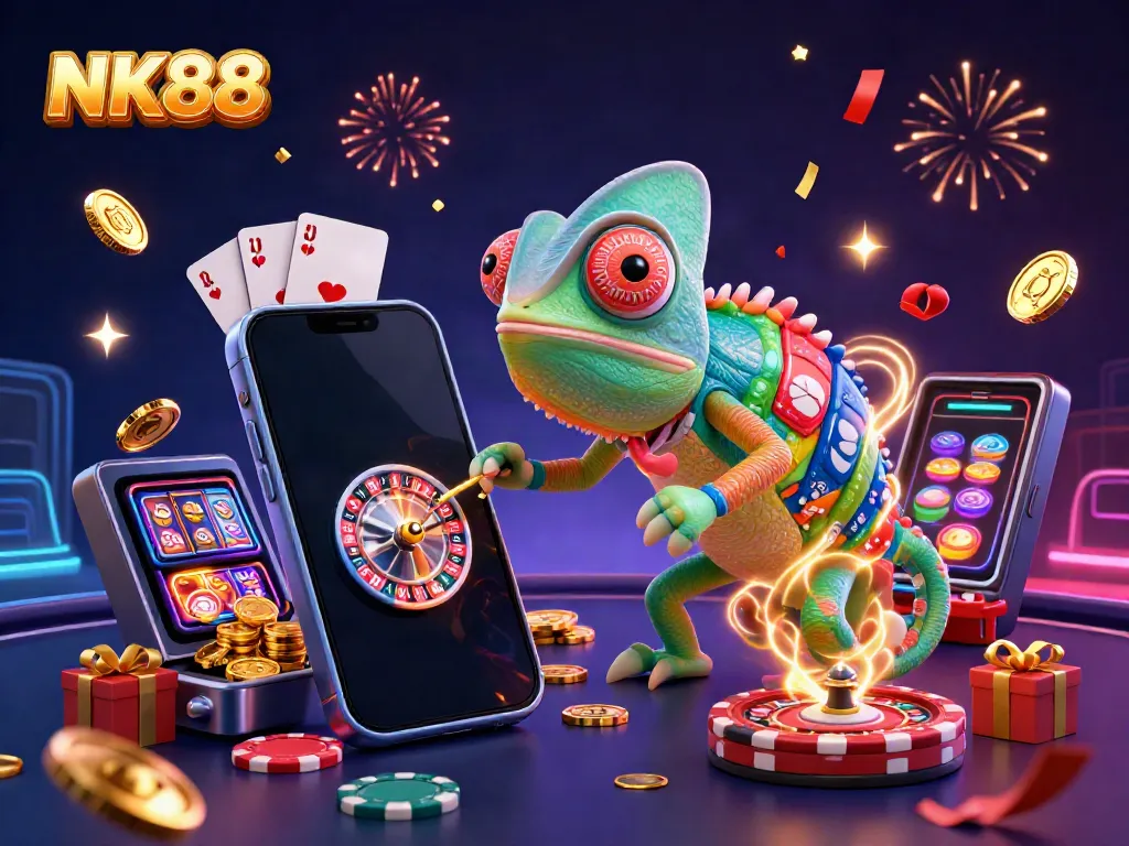 Experience engaging gameplay at NK88 with a vibrant 3D chameleon casino owner and dynamic gaming elements.
