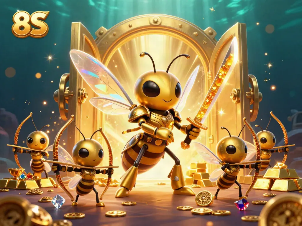 Experience the vibrant world of 8S with dynamic features and golden treasures in an engaging casino scene.