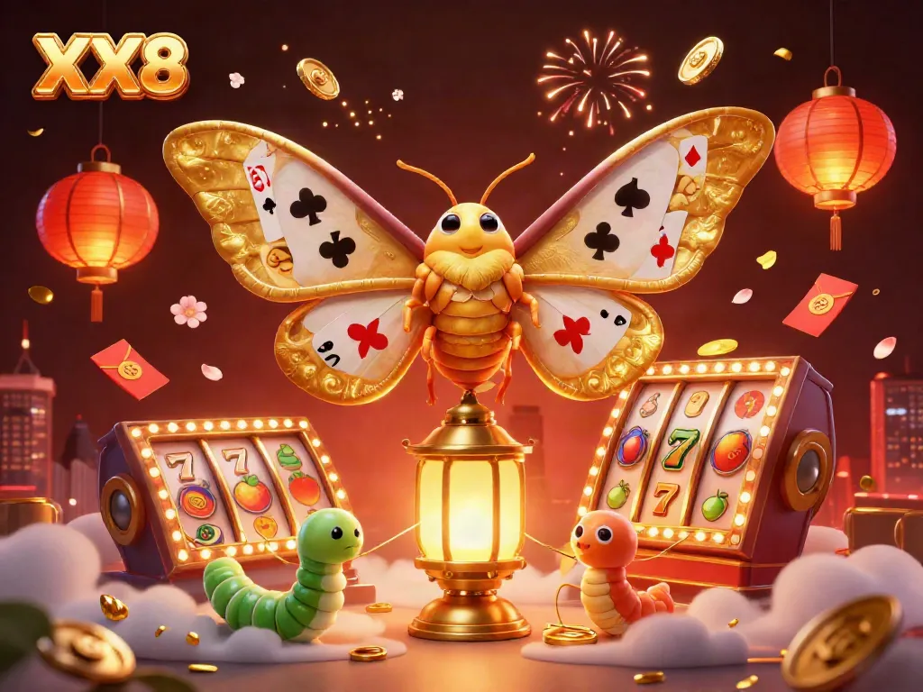 Experience the glamour of casino play with the vibrant XX8 themed moth and dynamic slot elements.