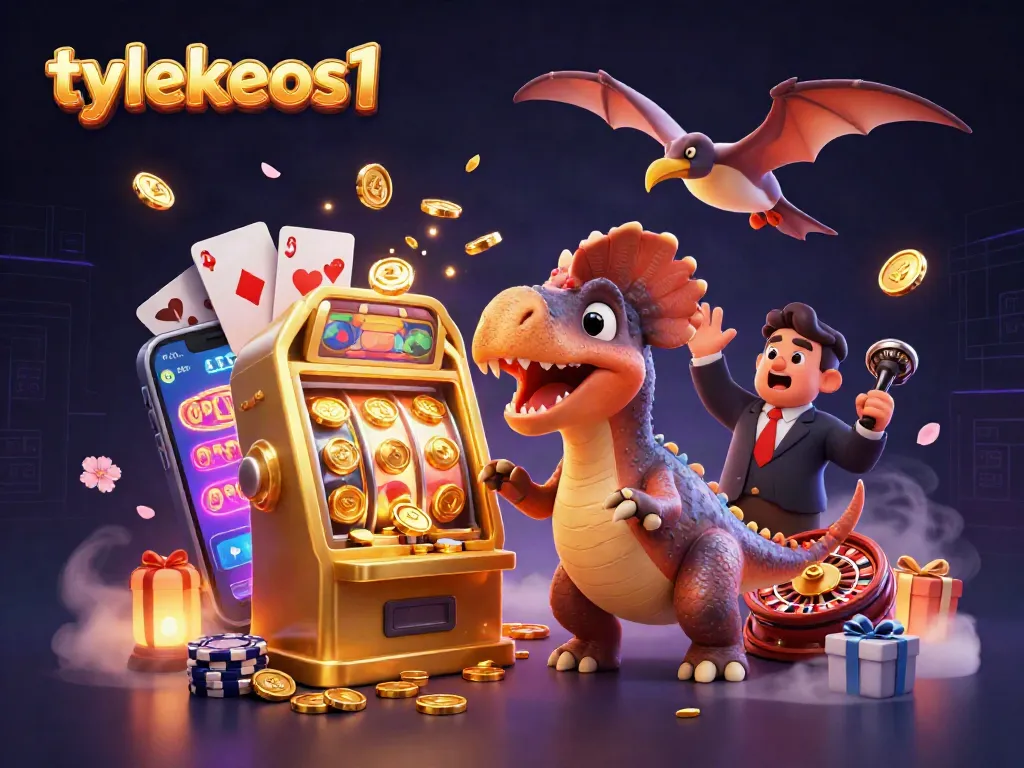 Engaging 3D cartoon scene of tylekeos1 characters winning coins from a golden slot machine, showcasing vibrant casino elements.
