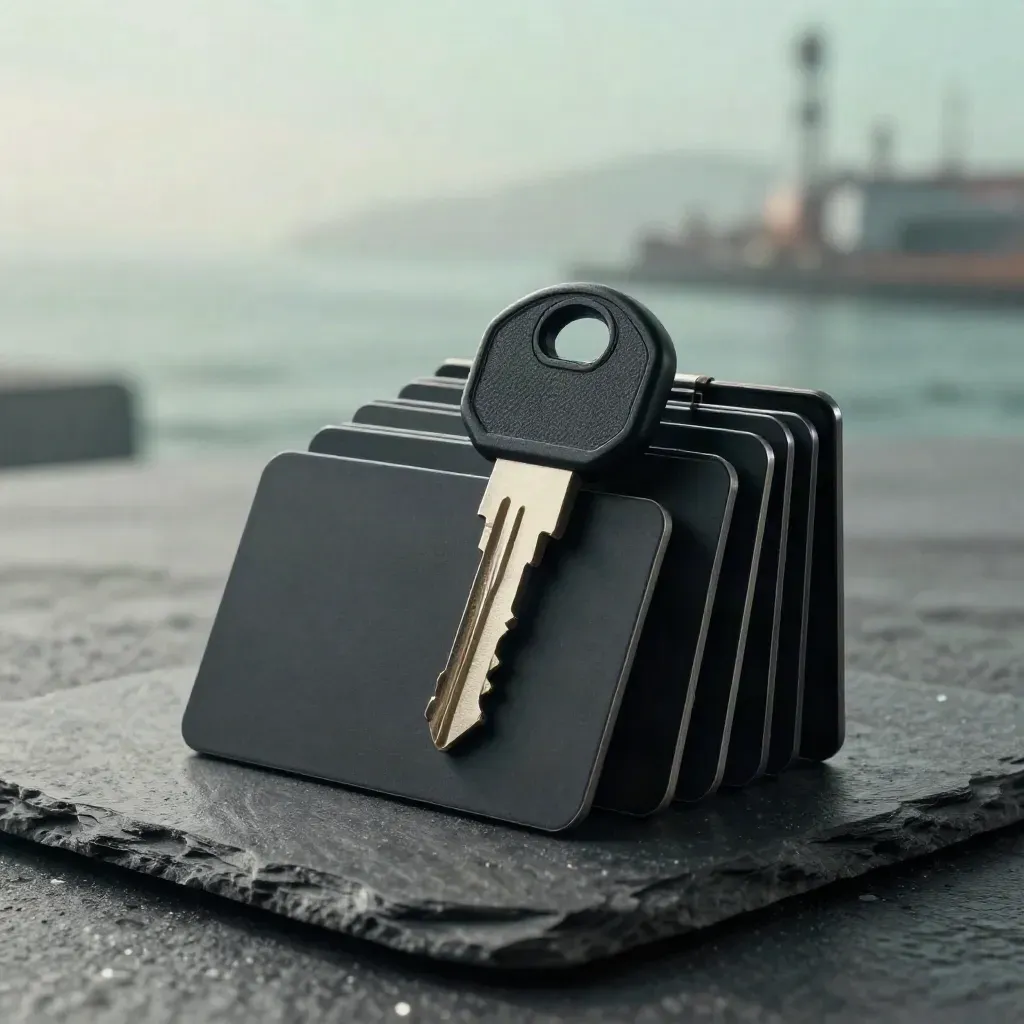 Matte-black security keys and access cards on layered slate in misty dawn light.