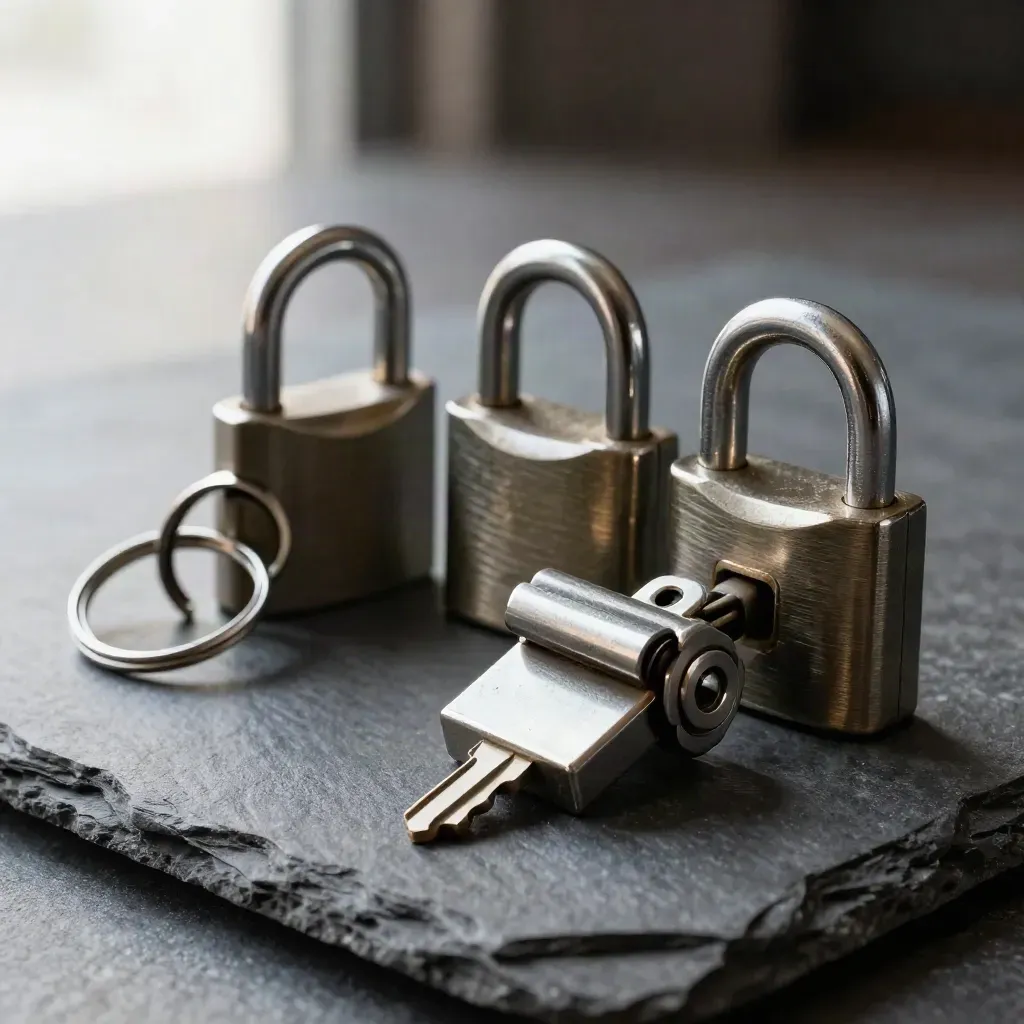 Three lock cylinders, a key ring and cabinet latch on dark stone, lit with a soft rim.