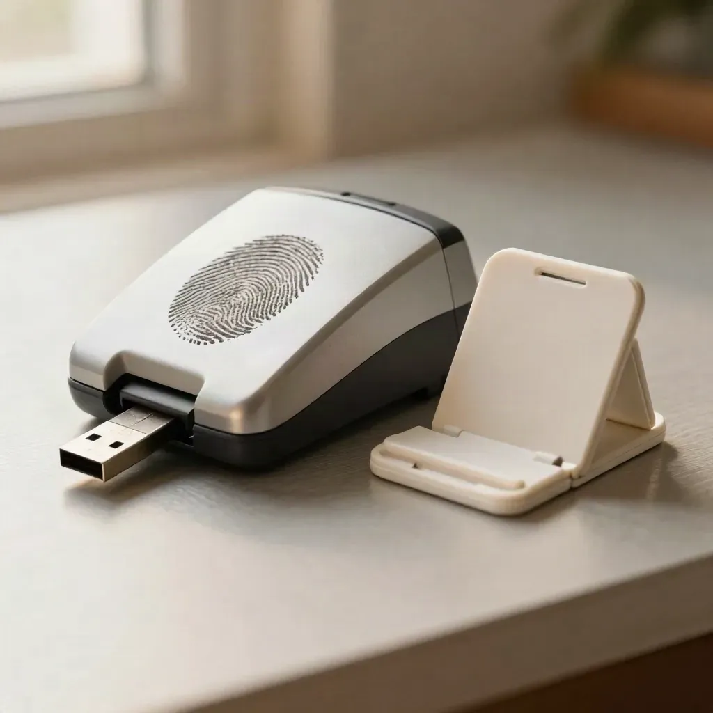 Macro still life of a fingerprint reader, USB security key and folded phone stand on brushed metal.