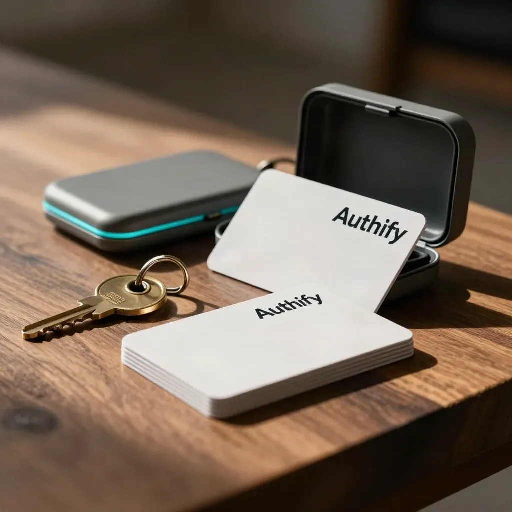 Access cards, brass key ring, and open token case on warm stone in dramatic studio light