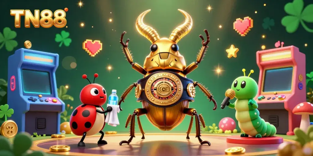 Engage with TN88's thrilling gaming scene featuring a champion beetle and vibrant arcade elements.