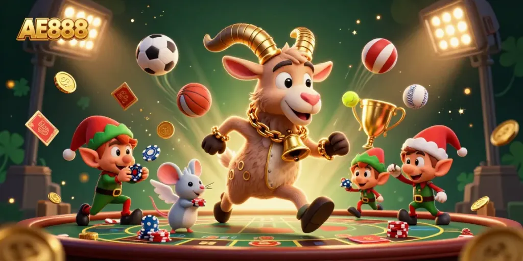 Experience thrilling casino action at AE888 with a festive Krampus goat overseeing games and mischievous elves.