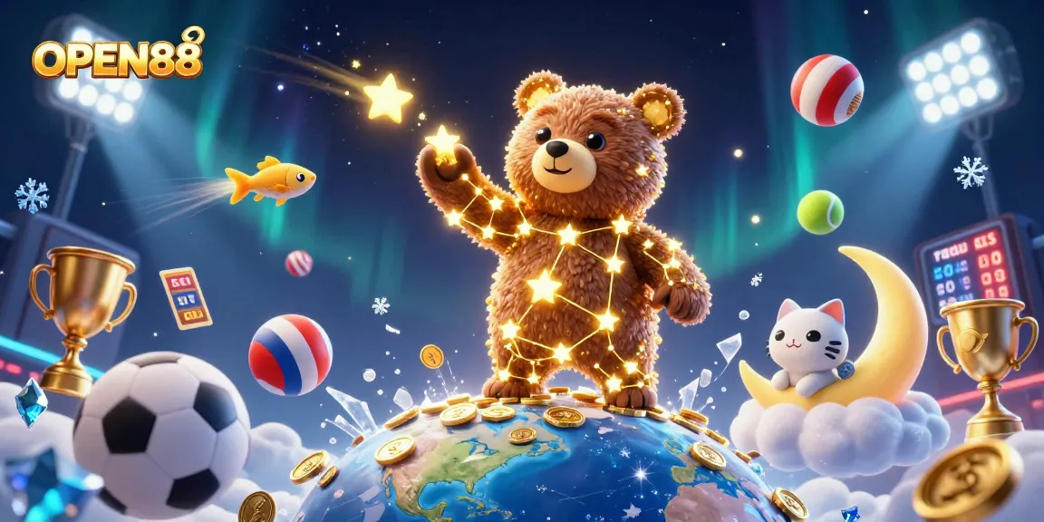 Engage in the exciting universe of OPEN88 with a vibrant cartoon illustration showcasing gaming elements and lively characters.