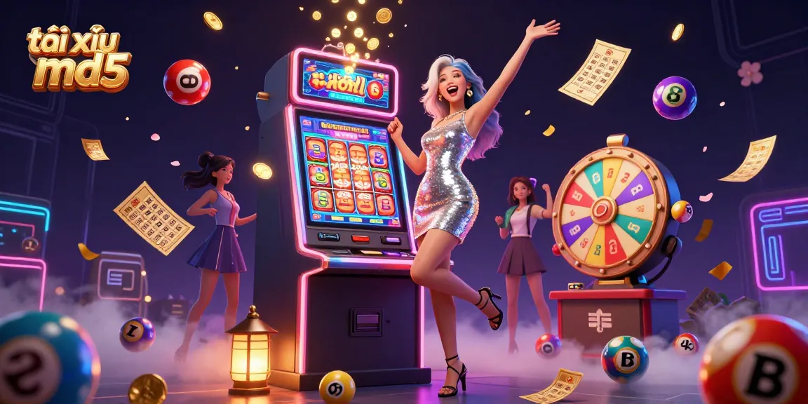 Experience the excitement of tài xỉu md5 with vibrant casino elements and dynamic characters celebrating a jackpot win together.