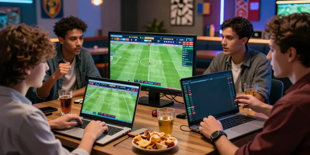 Exciting DewaGG sports betting scene with diverse individuals analyzing odds and watching live matches.