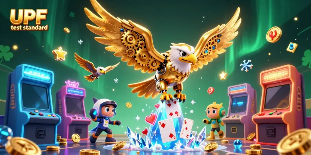 Experience UPF test standard illustrated through a dynamic scene of a cybernetic eagle amidst casino-themed elements.