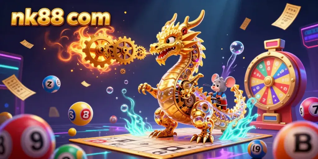 Engage with nk88 com's dynamic gaming scene featuring a golden dragon and vibrant lottery elements.