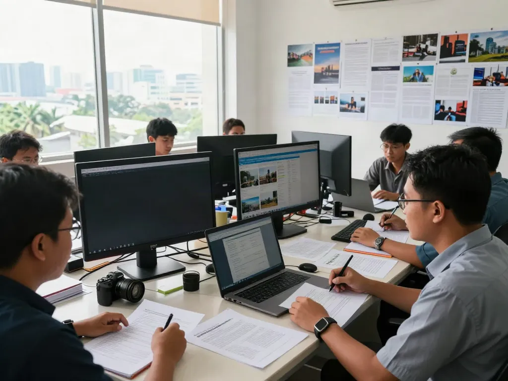 Engaged journalists in a vibrant newsroom discussing lornematthews.com updates on Lampung's recent economic developments.